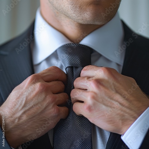 Close-up of a businessman adjusting his tie symbolizing preparation and professionalism