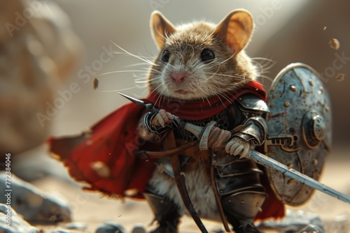 A mouse is dressed in a red cape and holding a sword