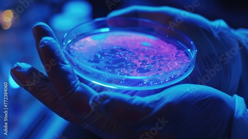 Close-up of a scientists hand holding a petri dish with a glowing sample representing biotechnology