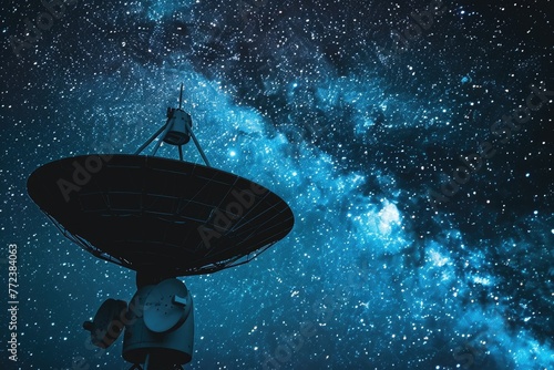 Close-up of a satellite dish against a starry sky emphasizing communication technology
