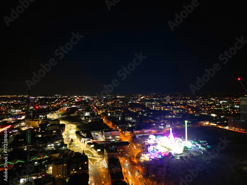 Aerial Night View of Illuminated City Centre Buildings of Birmingham Central City of England United Kingdom. March 30th, 2024