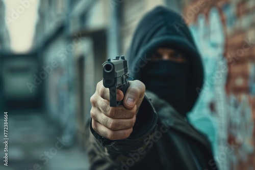 Attacker with a gun in his hand pointing at someone wearing a black mask and a hooded jacket