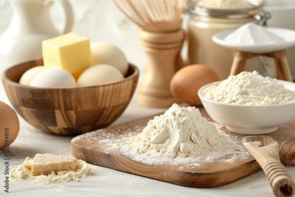 Baking ingredients and kitchen utensils on table on light background Baking ingredients and kitchen utensils on table on light background