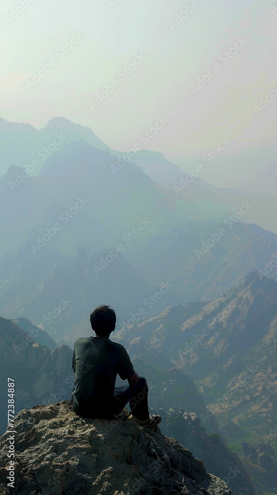 Mountain top solitude, vastness observed, ego diminished