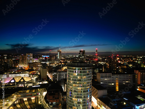 High Angle Night View of Illuminated City Centre Buildings of Birmingham Central City of England United Kingdom