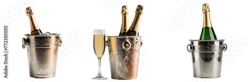 Set of bottle of champagne in ice a cooler bucket isolated on a transparent background photo