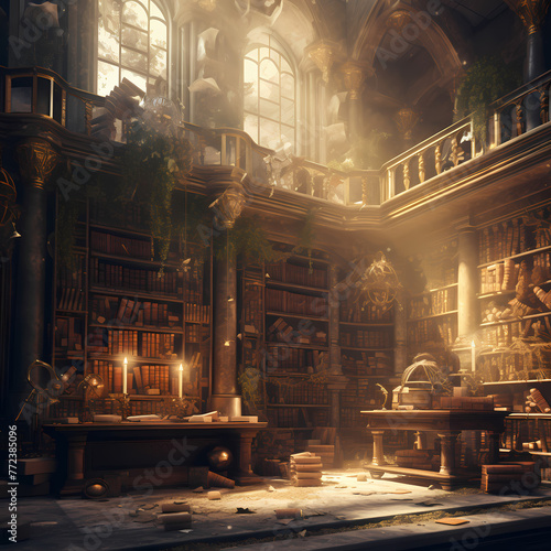 Ancient library with dusty books and mystical artifacts