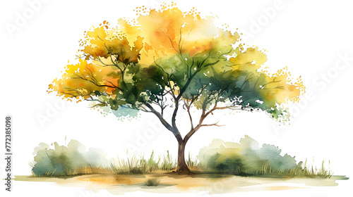 Watercolor Painting of a tree on Grass mound transparent background png