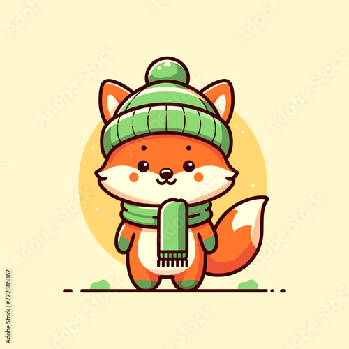 A fox wearing a green scarf and cozy hat