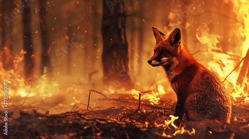 A fox watches on while escaping a forest fire which is destroying wild natural habitia