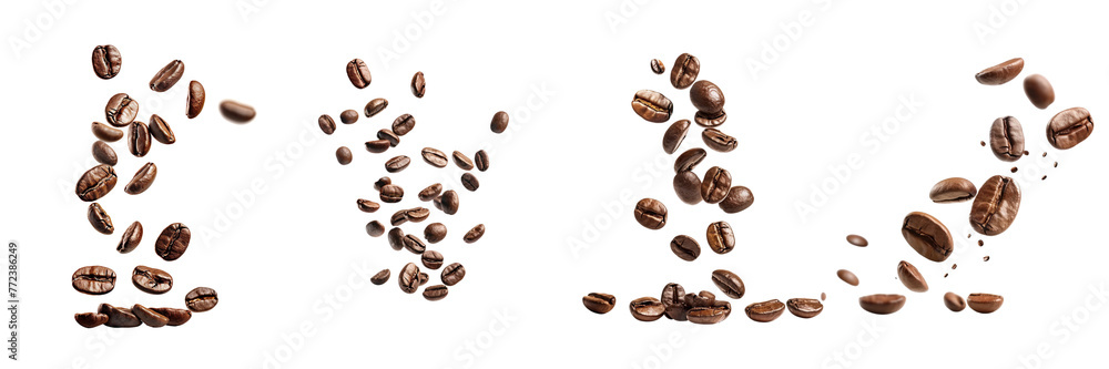 Set of Falling coffee beans isolated on a transparent background - obrazy, fototapety, plakaty 