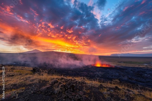 Fiery sunset over a volcanic landscape, red, orange, and yellow dominate