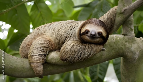 A Sloth With Its Body Draped Over A Tree Limb Rel  2 photo