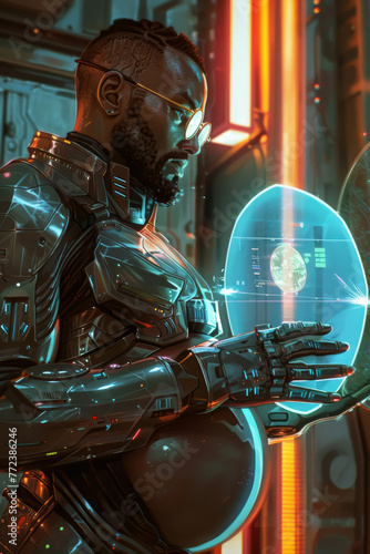 A man in a futuristic suit holding a glowing egg. The man is wearing glasses and has a beard. The image has a futuristic and sci-fi vibe