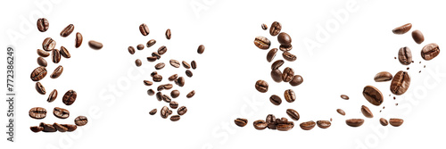 Set of Falling coffee beans isolated on a transparent background