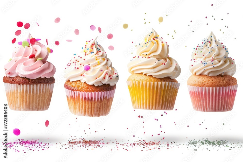 Beautiful levitating different cupcakes with cream and sprinkles Isolated on solid white background Beautiful levitating different cupcakes with cream and sprinkles Isolated on solid white background