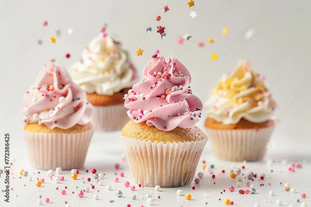 Beautiful levitating different cupcakes with cream and sprinkles Isolated on solid white background Beautiful levitating different cupcakes with cream and sprinkles Isolated on solid white background