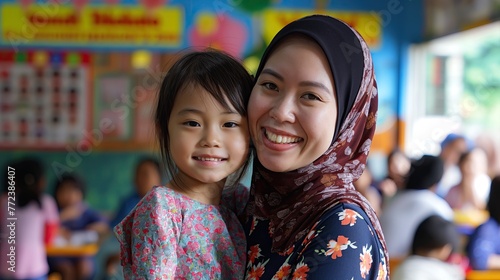 Portrait of happy Asian muslim mother and daughter in classroom. © Katsiaryna