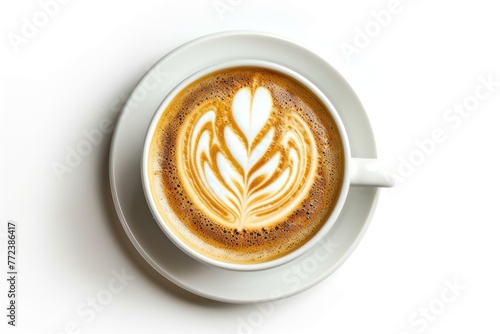 Beautiful latte macchiato coffee with foam drawing in white cup isolated on white background photo