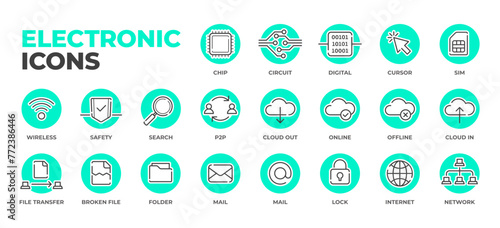 Electronic icons pack, vector line art icons on blue background. Information technology icons: chip and circuit, internet and cloud, file transfer and wireless.
