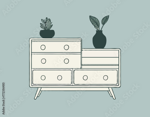 Hand drawn silhouette of mid century dresser. Modern furniture outline drawing