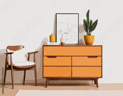 Hand drawn silhouette of mid century dresser. Modern furniture outline drawing