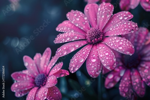 Beautiful pink flowers with water drops on a dark background