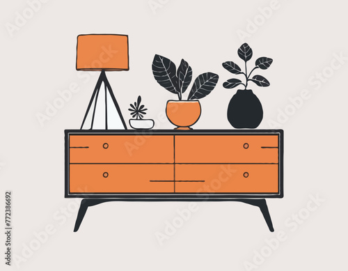 Hand drawn silhouette of mid century dresser. Modern furniture outline drawing