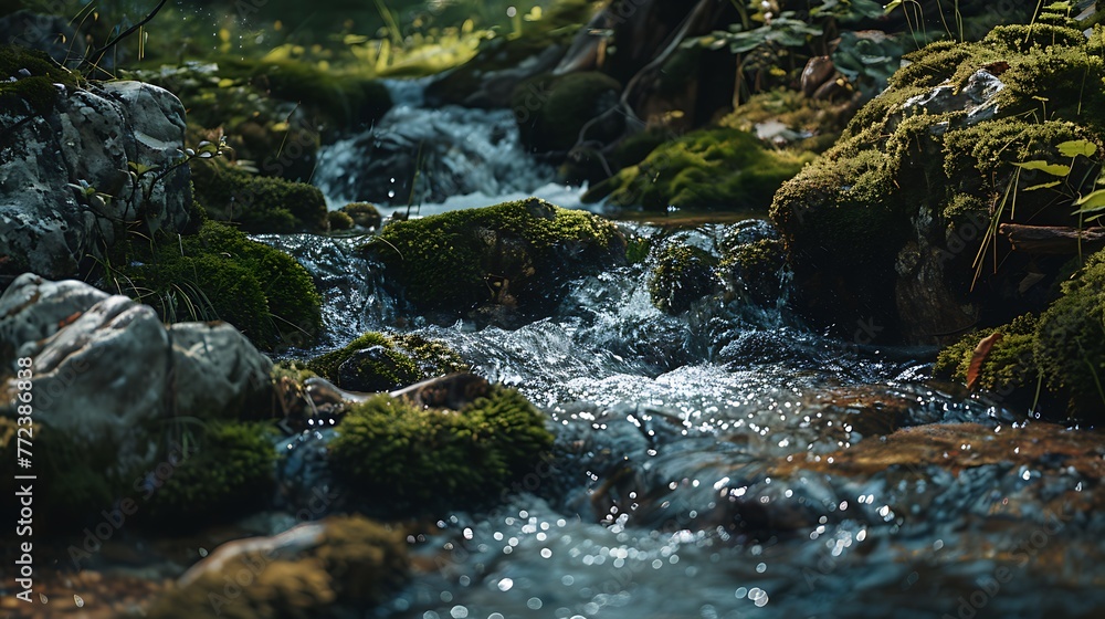 Fototapeta premium a stream with clear spring water flows over rocks covered with moss in the forest