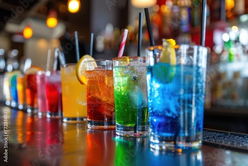 beautiful row line of different colored alcohol cocktails on bar