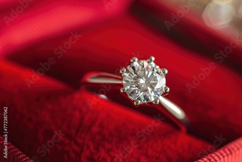 Beautiful white gold or silver engagement ring with large stone, diamond in red open package photo