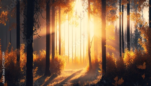 Autumn forest cool sunlight in the morning  Generate AI