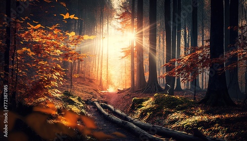Autumn forest cool sunlight in the morning, Generate AI