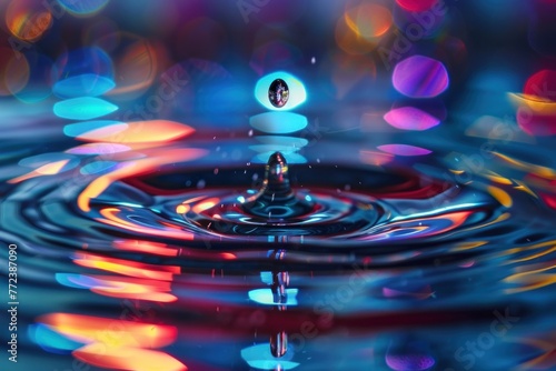 Beautiful water drop falling into liquid or water with colorful glare and reflections