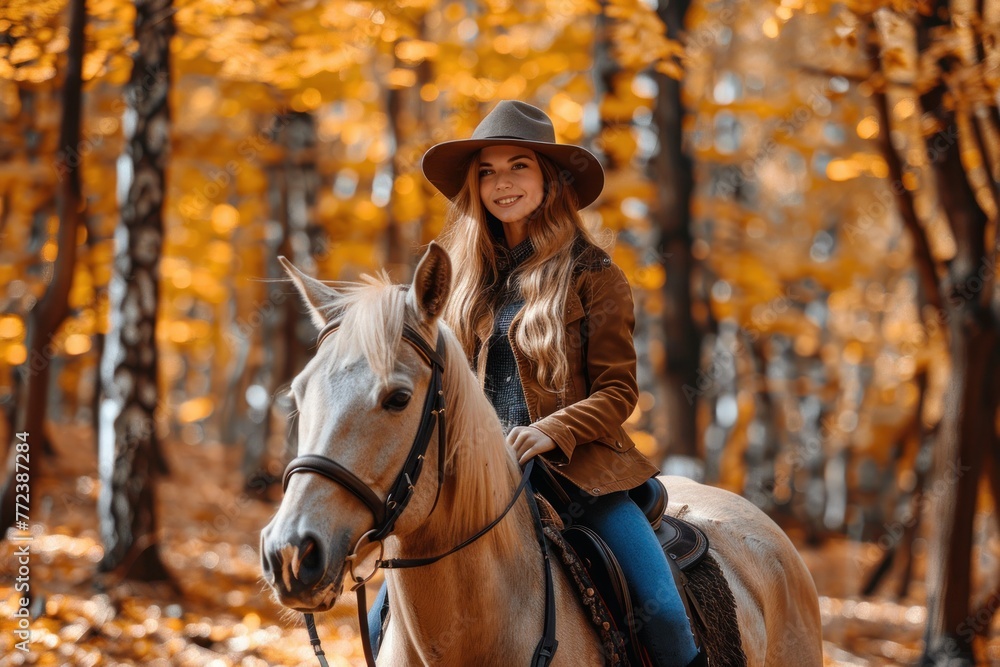 Beautiful young woman riding a horse in the autumn forest on a sunny day