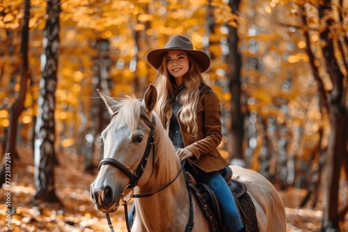 Beautiful young woman riding a horse in the autumn forest on a sunny day