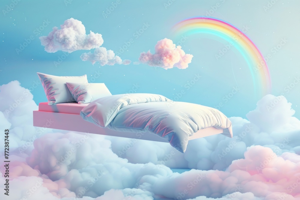 Bed with bedding levitating in the sky with clouds and rainbow , the theme of good and healthy sleep - obrazy, fototapety, plakaty 