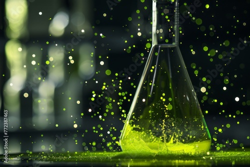 Laboratory glassware with green liquid on black background, science research concept