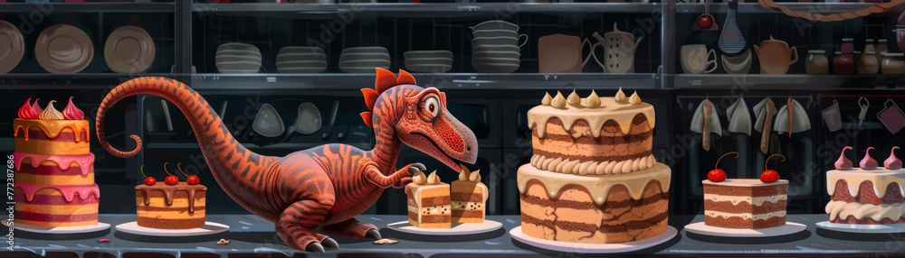 A dinosaur is eating a cake in front of a display of cakes