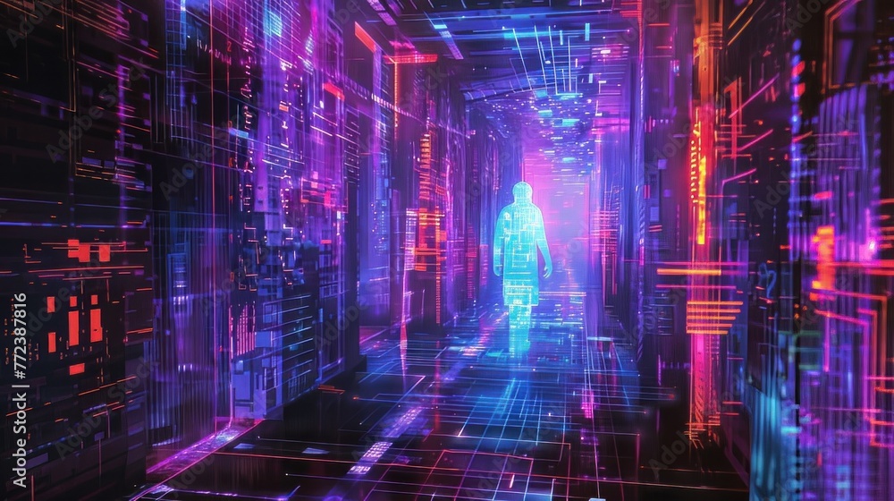 a transparent neon ghost of a digital ancestor - futuristic technology cyber background - digital ghost