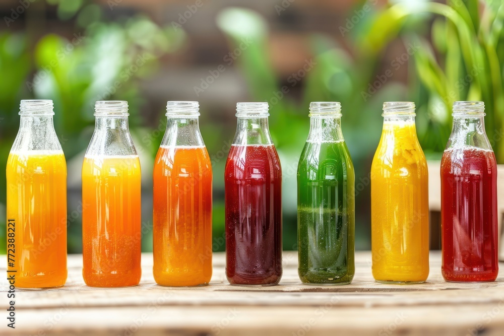 Bottles with various healthy and freshly squeezed juices store table Bottles with various healthy and freshly squeezed juices store table