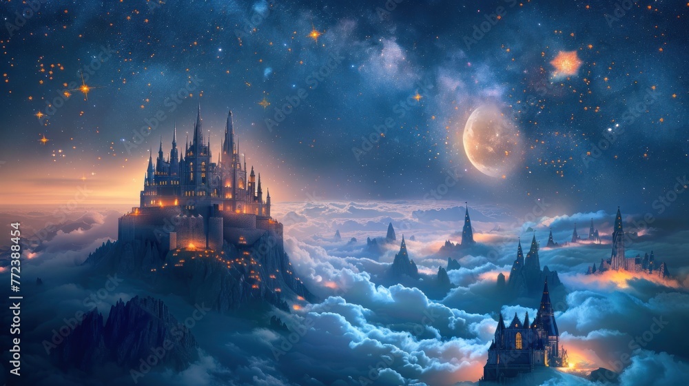 A castle is in the sky with a moon and stars