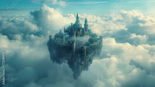 A castle is floating in the sky above a cloudy backdrop © Woraphon