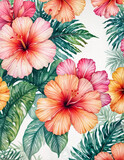 Colorful hibiscus flowers and tropical leaves on a white background.
