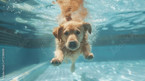 Funny underwater picture of puppies in swimming pool playing deep dive action training game with family pets and popular dog breeds during summer holidays. recreation, relax © pinkrabbit