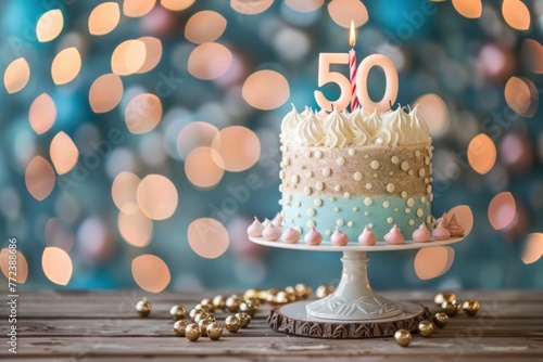 Cake with candles with the number 50 on a beautiful background. anniversary birthday background photo