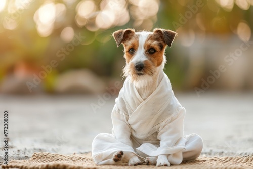 Calm looking dog simple white clothes, sitting on ground in lotus like position. Zen meditation concept photo