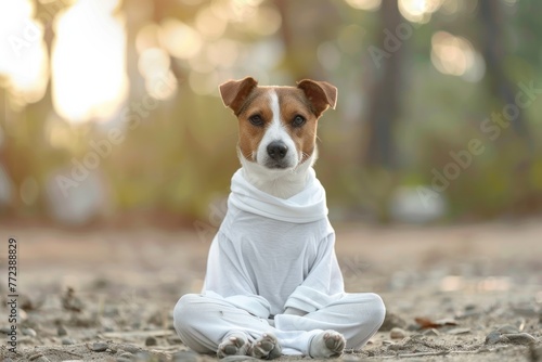 Calm looking dog simple white clothes, sitting on ground in lotus like position. Zen meditation concept photo