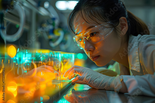 Scientist inspects flexible solar cell technology in a lab, her focus intense as she examines innovations that could revolutionize renewable energy.