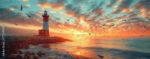 Seagulls gracefully circle a lighthouse on the shore, bathed in the radiant light of a vibrant sunrise over the ocean.